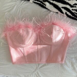 ✨ Pink Feather Trim Corset Style Crop Top ✨